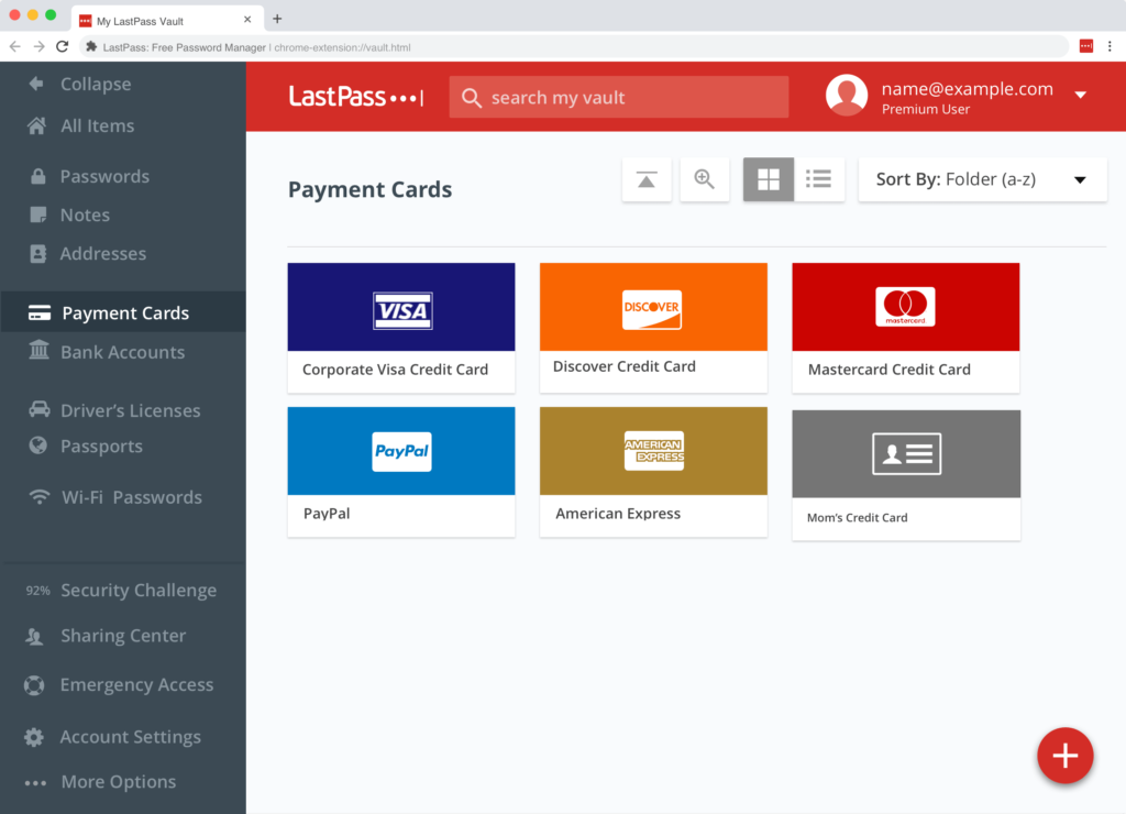 Správa kreditních karet v řešení LastPass.
